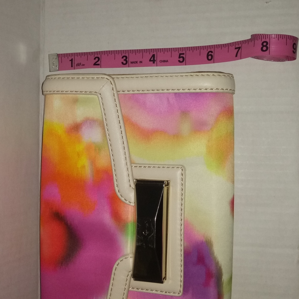 KATE SPADE MULTI COLOR SATIN CLUTCH WITH LEATHER TRIM - Picture 13 of 13